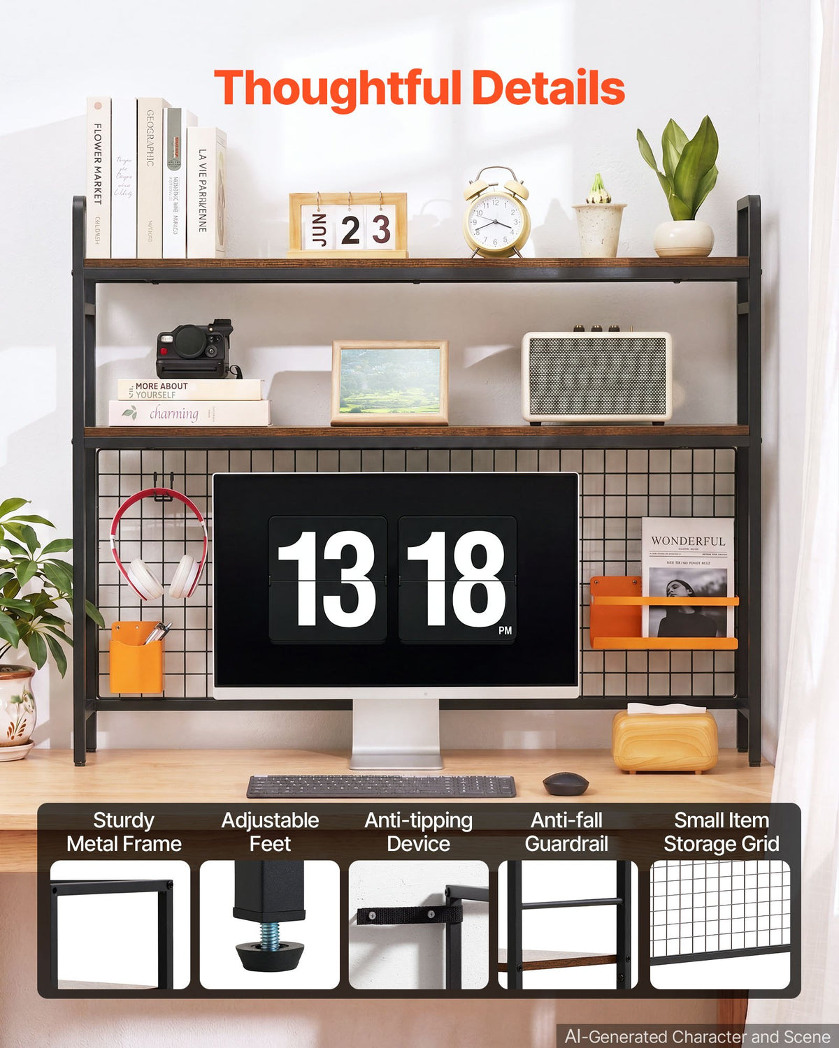 VEVOR Desktop Bookshelf 3-Tier Countertop Storage Hutch with Grid Black, for Computer Desk, Metal Frame and Wooden Shelf, with Non-Slip Feet Pads, Desk Hutch Storage Organizer for Dorm, Home, Office