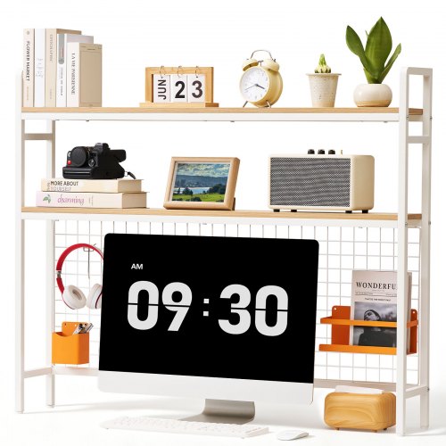 VEVOR Desktop Bookshelf 3-Tier Countertop Storage Hutch with Grid White, for Computer Desk, Metal Frame and Wooden Shelf, with Non-Slip Feet Pads, Desk Hutch Storage Organizer for Dorm, Home, Office