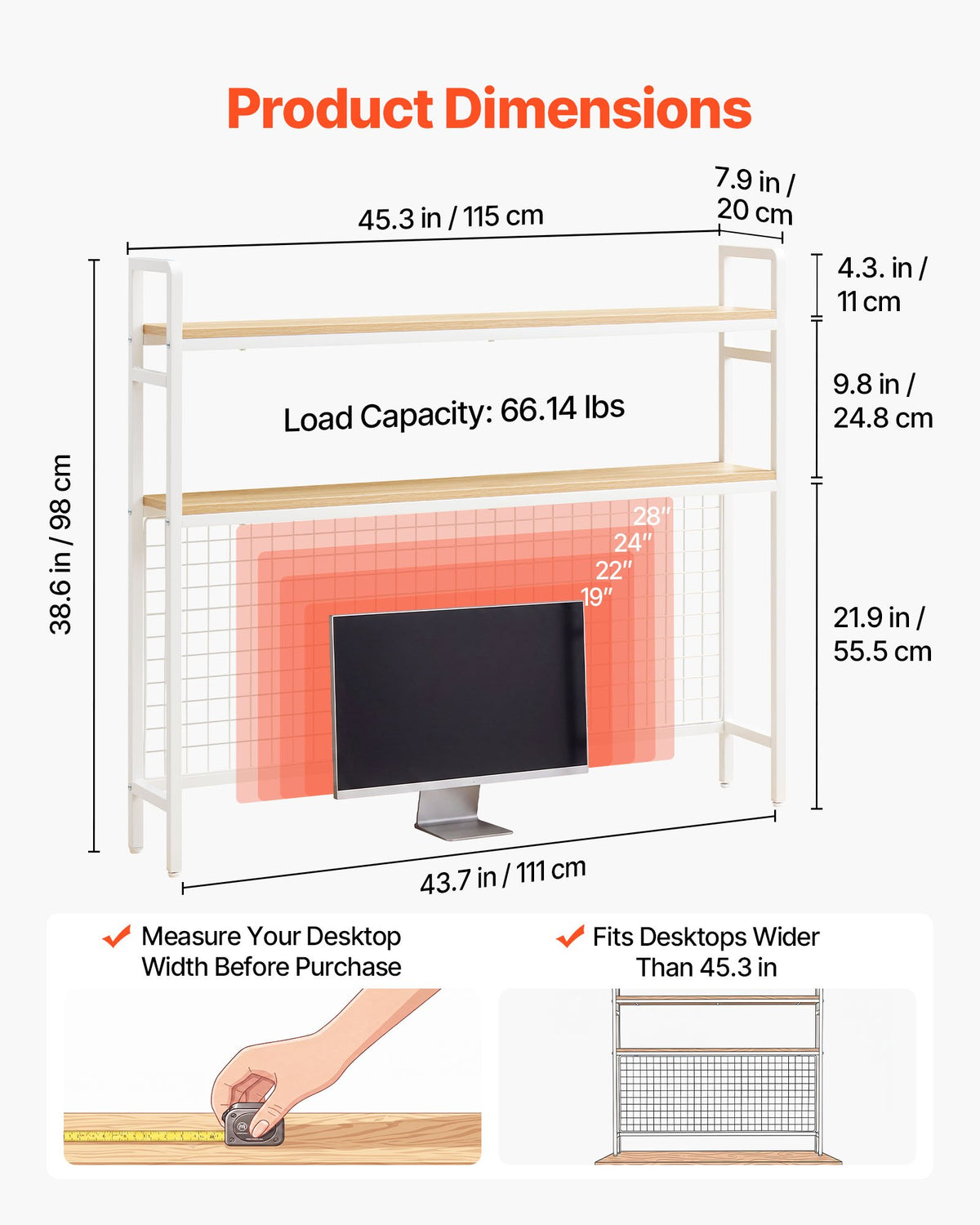 VEVOR Desktop Bookshelf 3-Tier Countertop Storage Hutch with Grid White, for Computer Desk, Metal Frame and Wooden Shelf, with Non-Slip Feet Pads, Desk Hutch Storage Organizer for Dorm, Home, Office