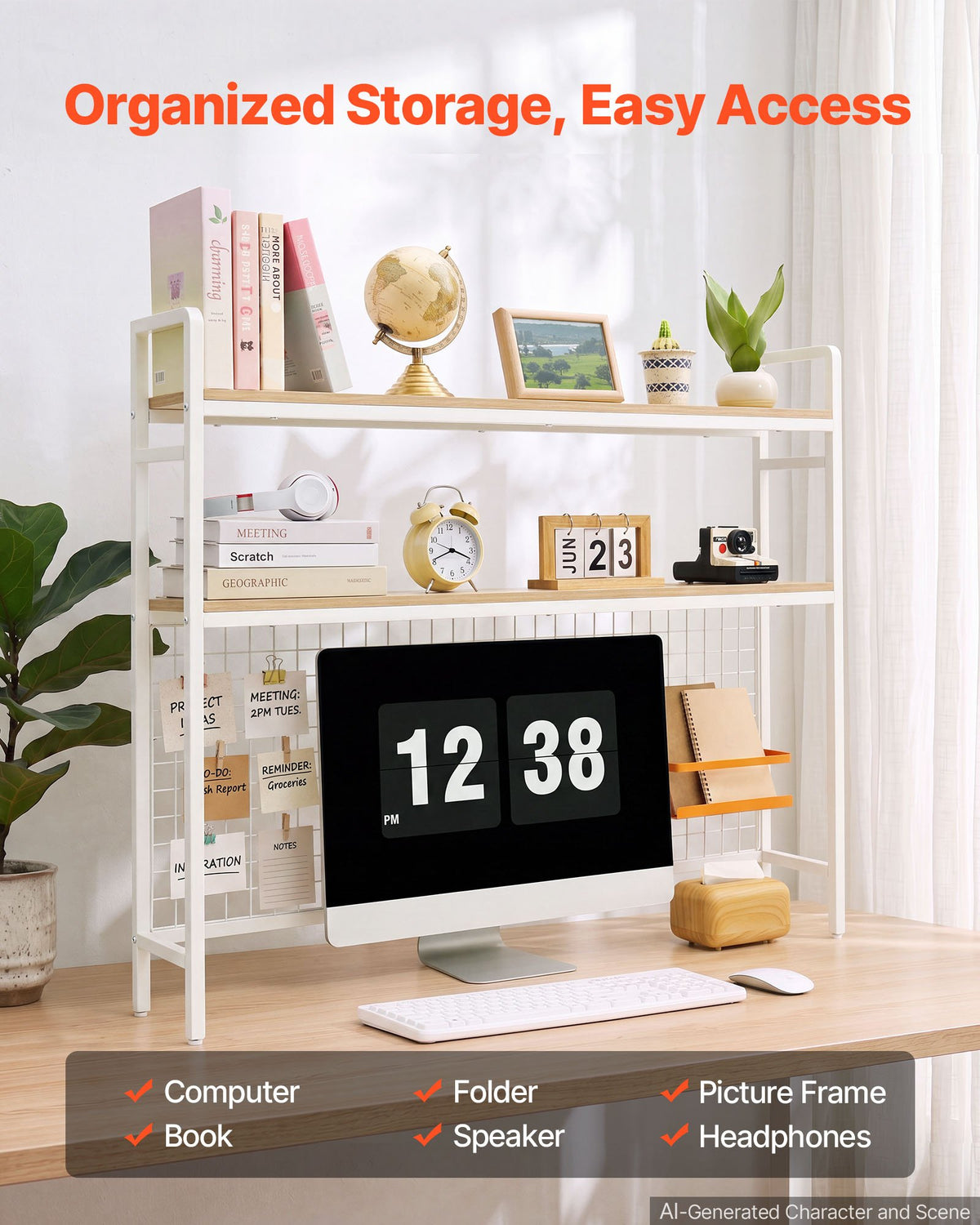VEVOR Desktop Bookshelf 3-Tier Countertop Storage Hutch with Grid White, for Computer Desk, Metal Frame and Wooden Shelf, with Non-Slip Feet Pads, Desk Hutch Storage Organizer for Dorm, Home, Office