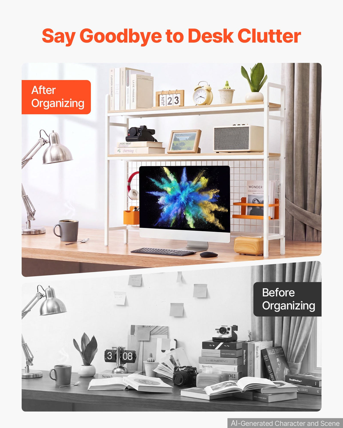 VEVOR Desktop Bookshelf 3-Tier Countertop Storage Hutch with Grid White, for Computer Desk, Metal Frame and Wooden Shelf, with Non-Slip Feet Pads, Desk Hutch Storage Organizer for Dorm, Home, Office