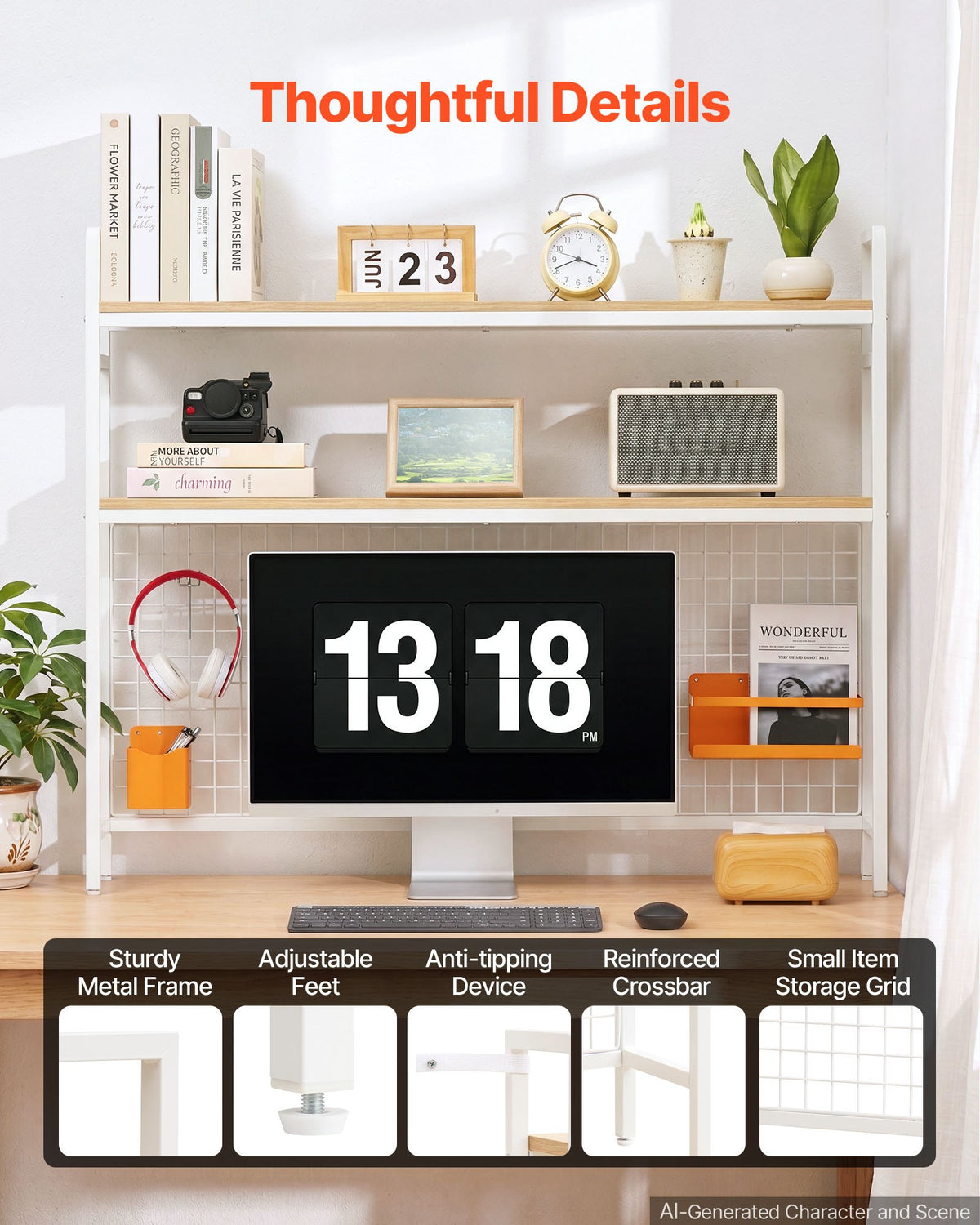 VEVOR Desktop Bookshelf 3-Tier Countertop Storage Hutch with Grid White, for Computer Desk, Metal Frame and Wooden Shelf, with Non-Slip Feet Pads, Desk Hutch Storage Organizer for Dorm, Home, Office