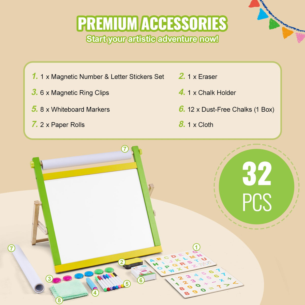 VEVOR Tabletop Art Easel for Kids, 3-in-1 Wooden Double-Sided Kid's Art Easel with Magnetic Whiteboard, Chalkboard, Paper Roll, Foldable Portable Drawing Board with Painting Accessories for Boys Girls