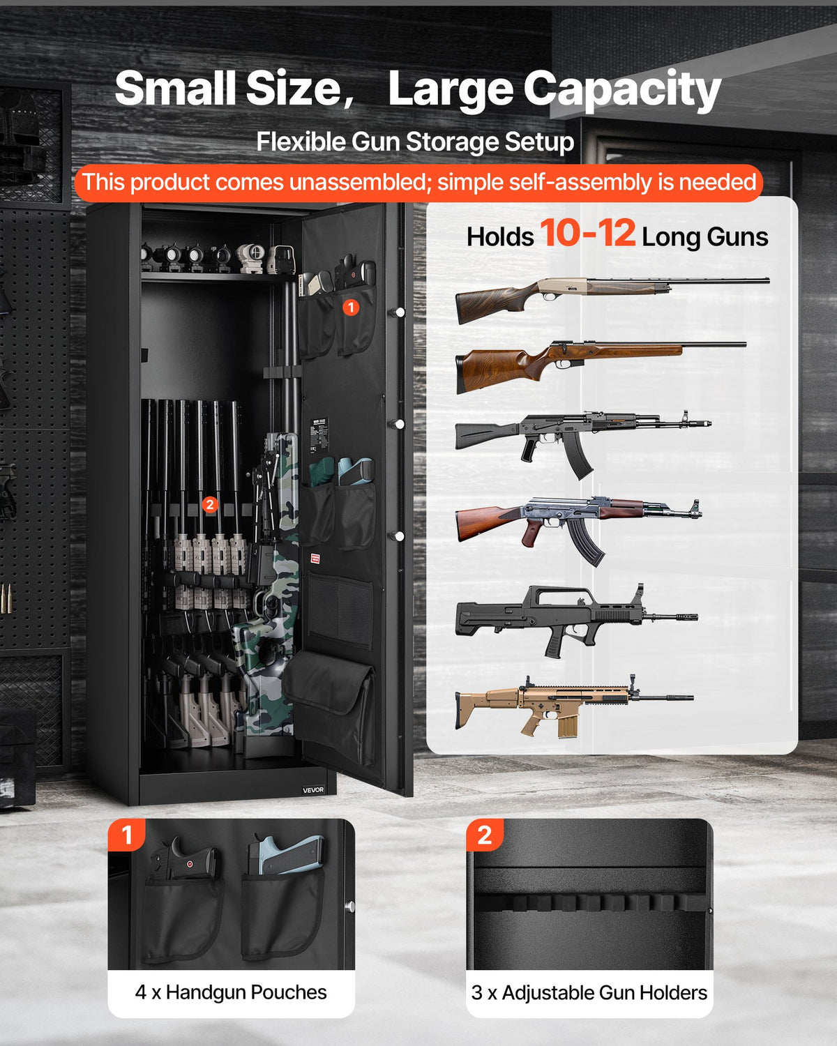 VEVOR 10-12 Gun Safe, Long Gun Cabinet for Rifles and Pistols, Quick Access Rifle Safe with 4 Pistol Pockets and 3 Adjustable Racks, Large Digital Cabinet with Key and Password Lock(Assembly Required)