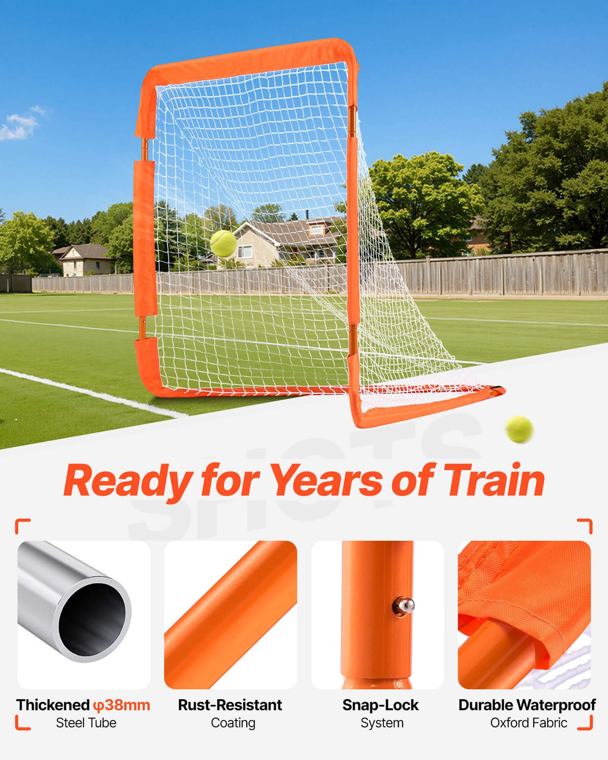 VEVOR Lacrosse Goal, 4' x 4' Small Kids Lacrosse Net, Folding Portable Lacrosse Goal with Carry Bag, Iron Frame Backyard Training Equipment, Quick & Easy Setup, Perfect for Youth Training, Orange