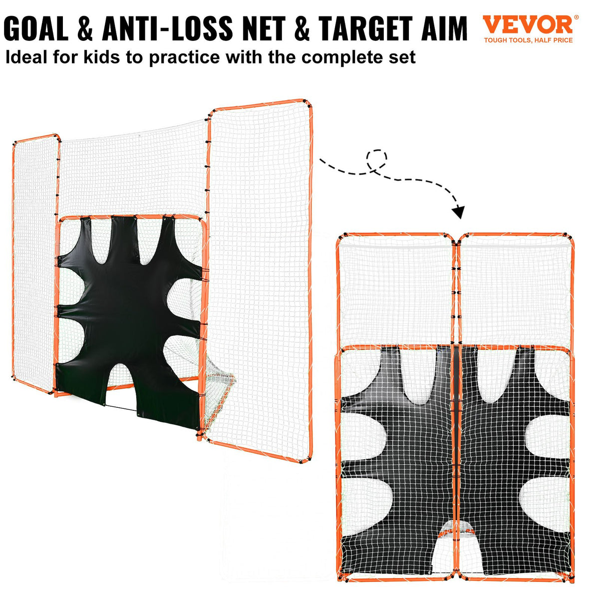 VEVOR 3-IN-1 Lacrosse Goal with Backstop and Target, 12' x 9' Lacrosse Net, Steel Frame Backyard Lacrosse Rebounder Equipment, Quick & Easy Setup Training Net, Perfect for Youth Adult Training, Orange
