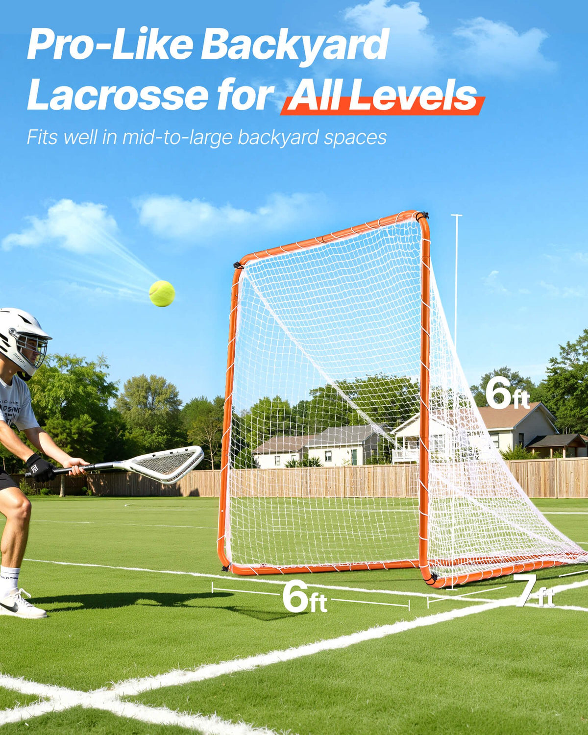 VEVOR Lacrosse Goal, 6' x 6' Lacrosse Net, Steel Frame Backyard Lacrosse Training Equipment, Portable Lacrosse Goal with Carry Bag, Quick & Easy Setup, Perfect for Youth Adult Training, Orange