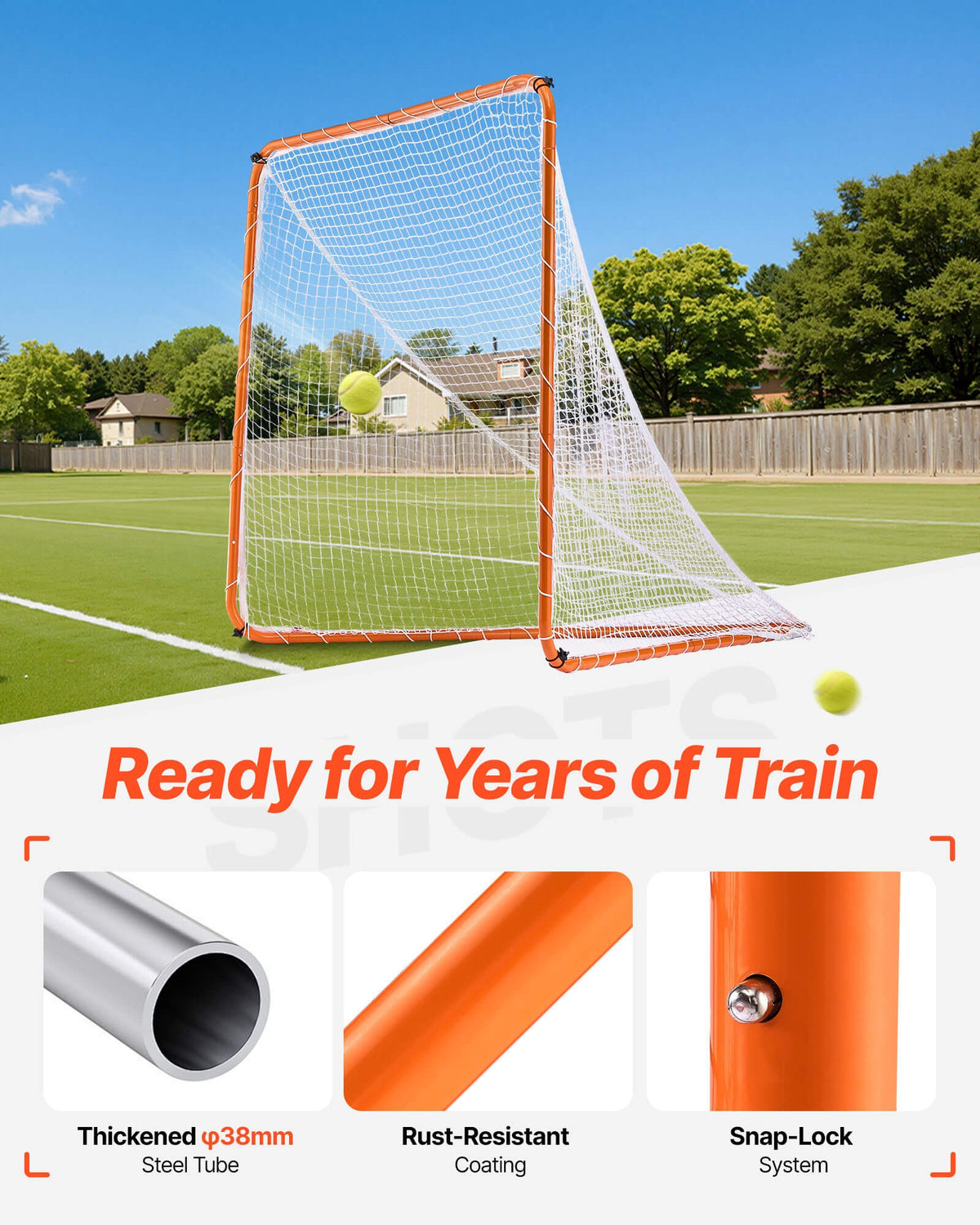 VEVOR Lacrosse Goal, 6' x 6' Lacrosse Net, Steel Frame Backyard Lacrosse Training Equipment, Portable Lacrosse Goal with Carry Bag, Quick & Easy Setup, Perfect for Youth Adult Training, Orange
