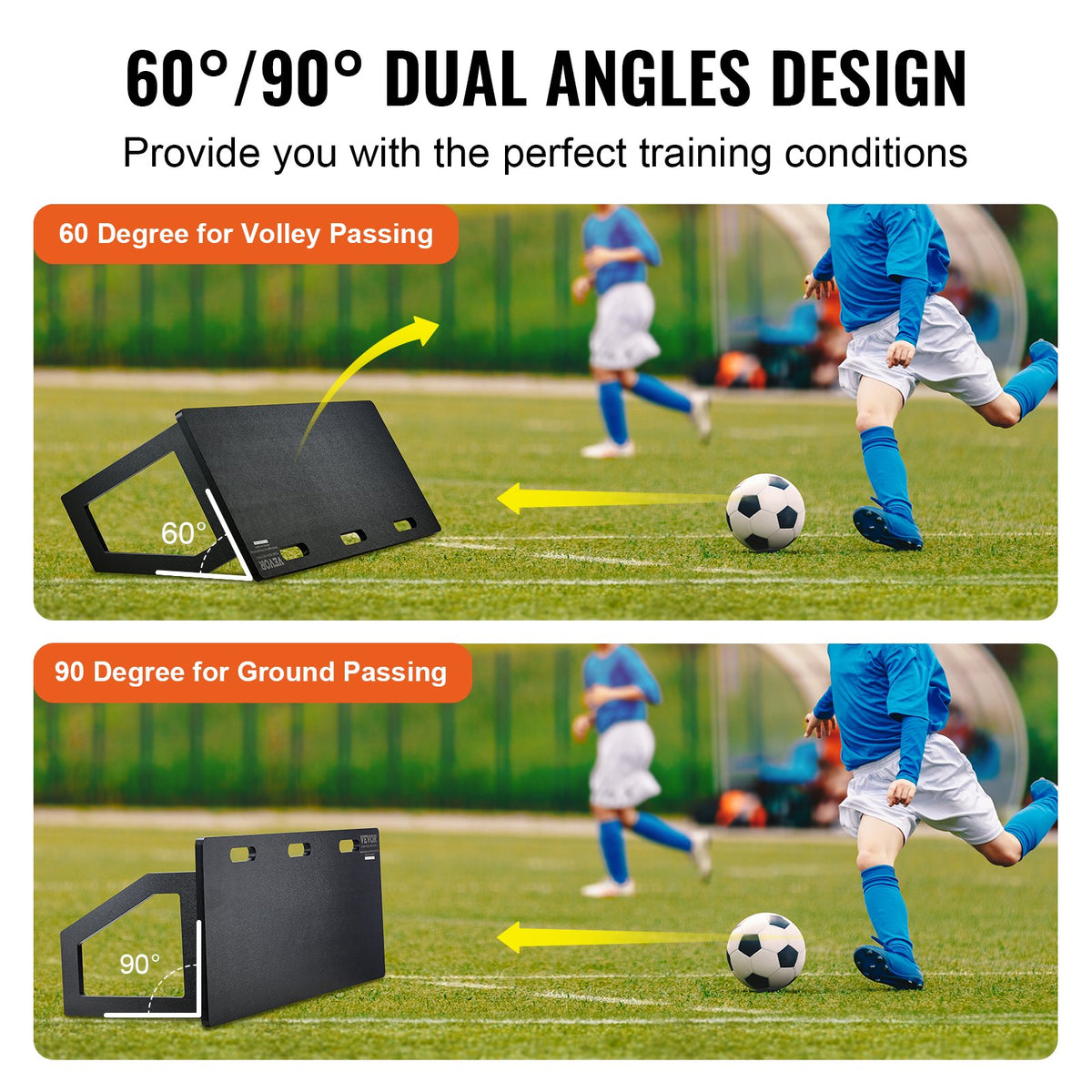 VEVOR Soccer Rebounder Board, 114.3 x 45.7 cm Portable Soccer Wall with 2 Angles Rebound, Foldable HDPE Kickback Rebound Board, Soccer Training Equipment for Kids and Adults, Passing & Shooting Practice