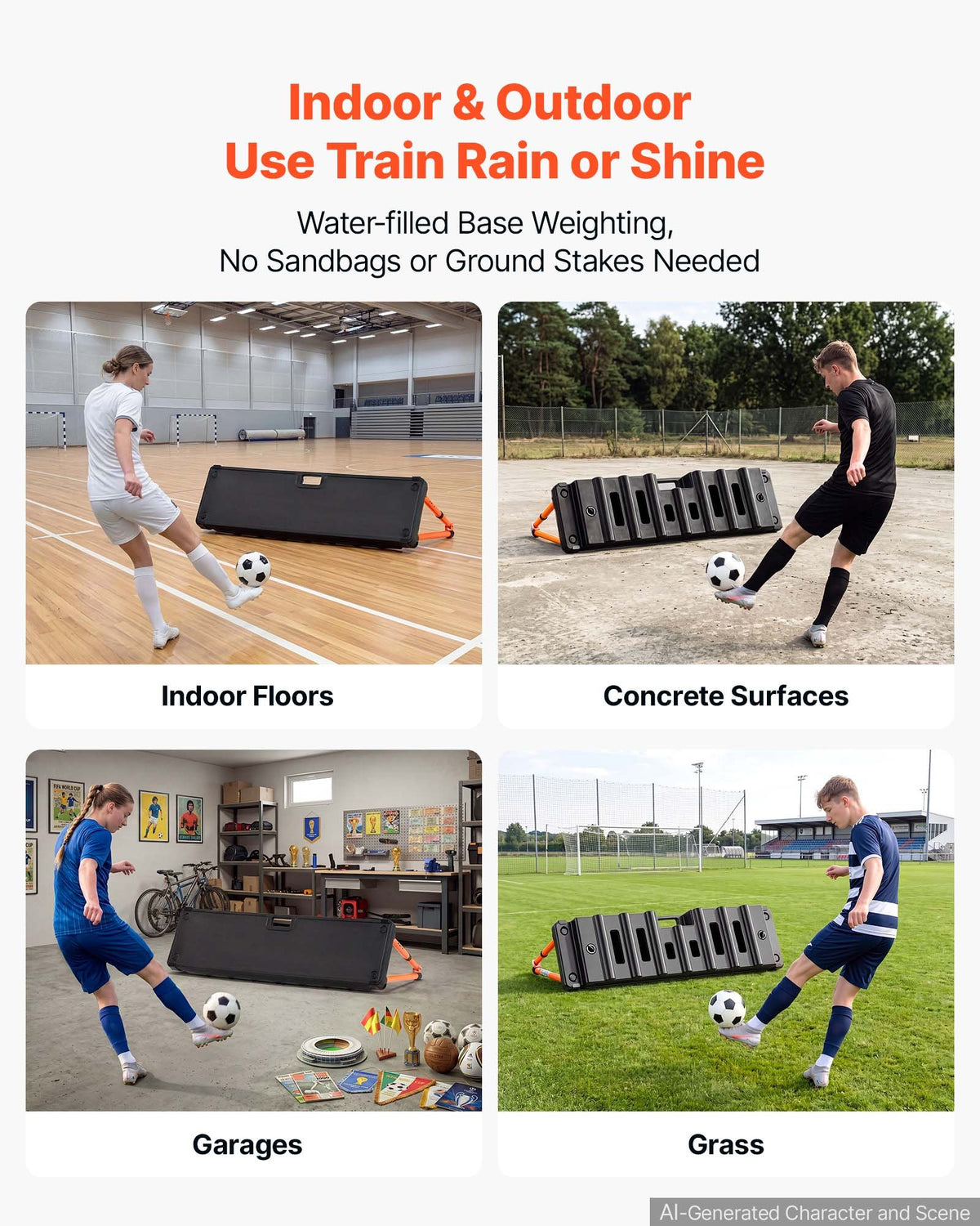 VEVOR Soccer Rebounder Board, 95 x 25 cm Dual-Sided Soccer Rebound Wall, 4 Adjustable Angles, Portable Water-Fillable PE Kickback Trainer, Ground Stakes for Kids Adults, Passing & Shooting Practice