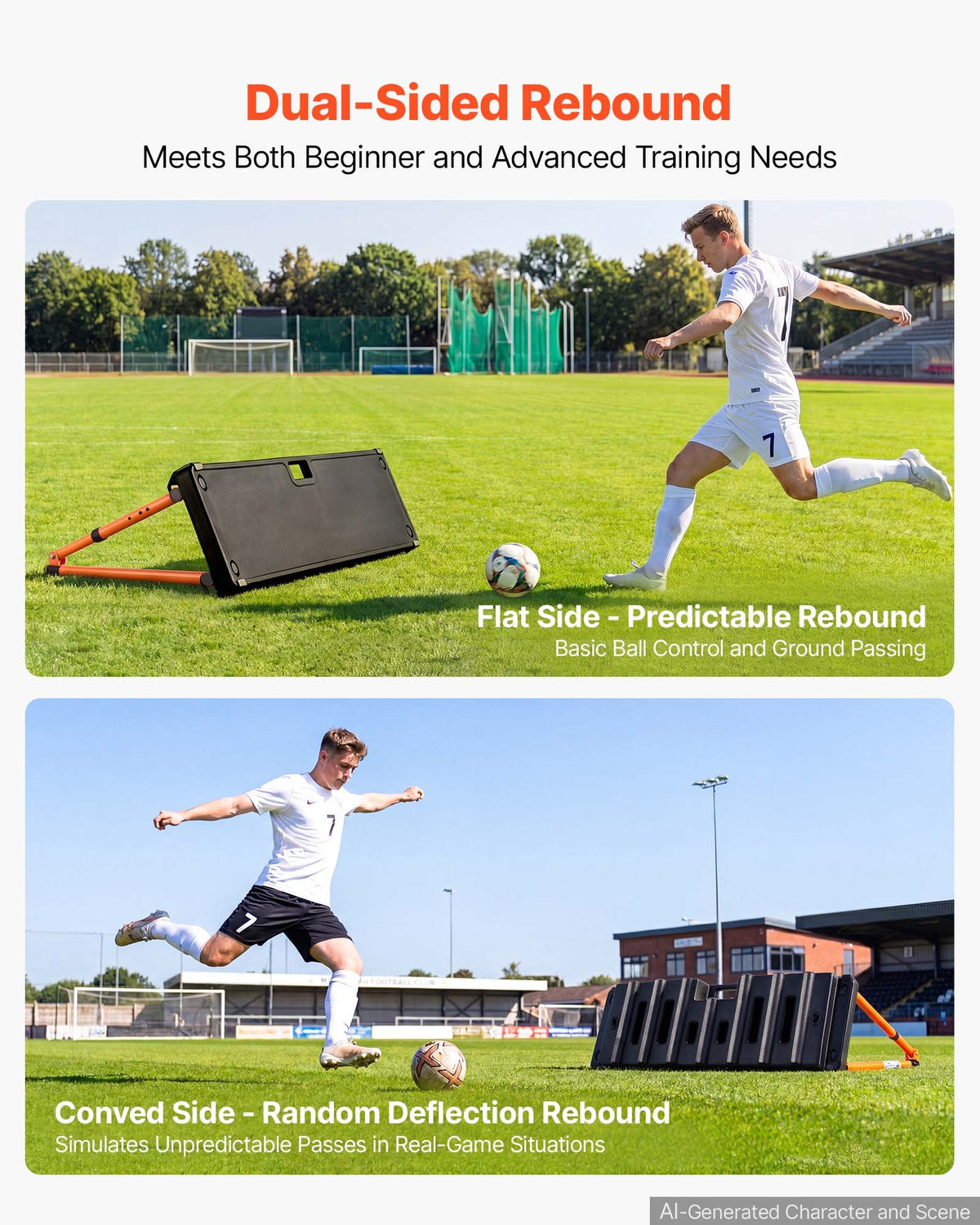 VEVOR Soccer Rebounder Board, 95 x 25 cm Dual-Sided Soccer Rebound Wall, 4 Adjustable Angles, Portable Water-Fillable PE Kickback Trainer, Ground Stakes for Kids Adults, Passing & Shooting Practice