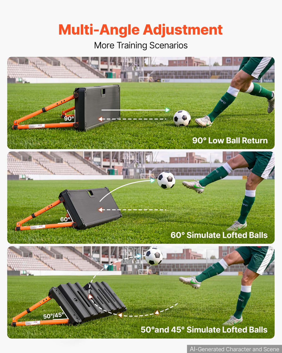 VEVOR Soccer Rebounder Board, 95 x 25 cm Dual-Sided Soccer Rebound Wall, 4 Adjustable Angles, Portable Water-Fillable PE Kickback Trainer, Ground Stakes for Kids Adults, Passing & Shooting Practice