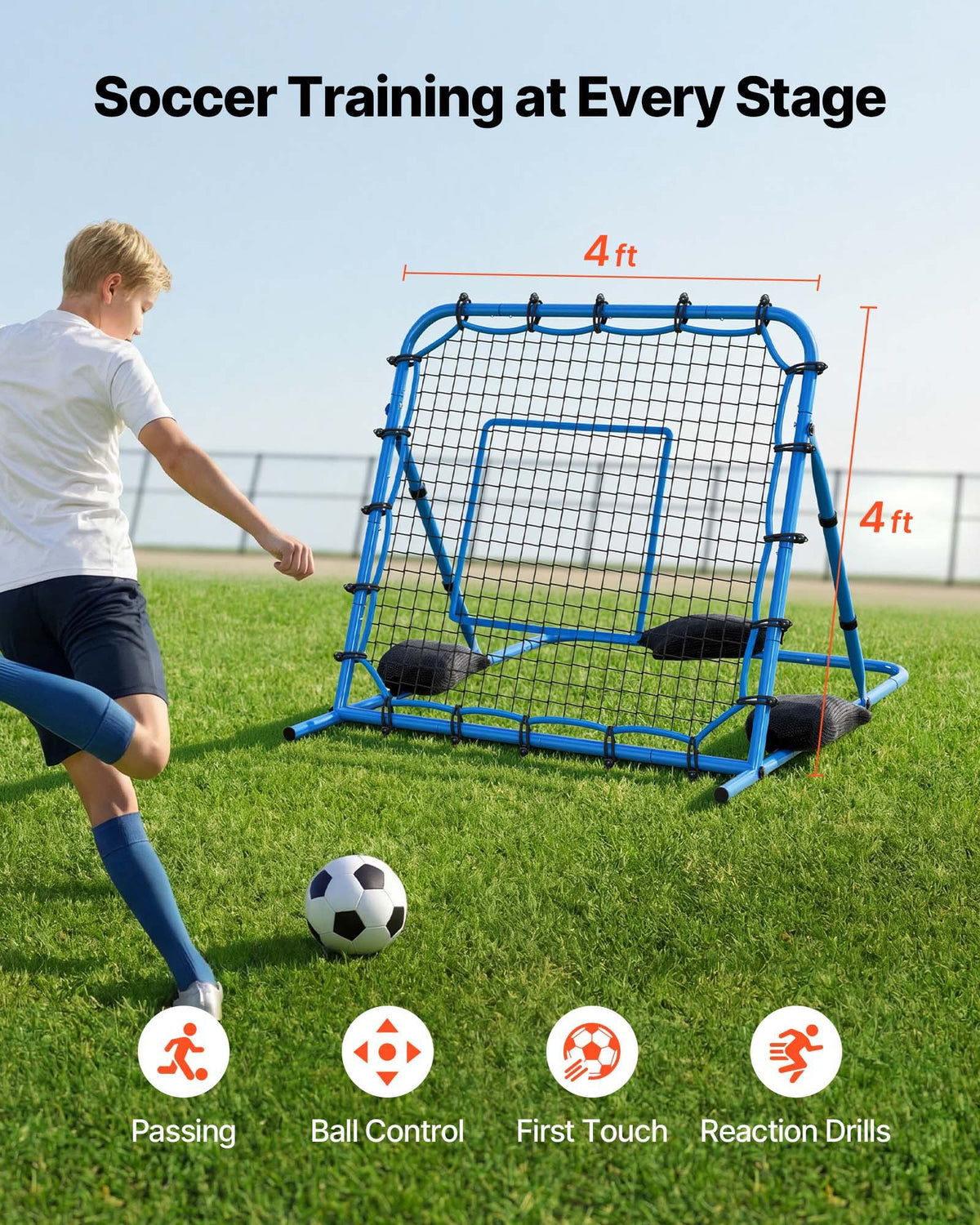 VEVOR Soccer Rebounder Net, Quick-Switch Angle Soccer Goal Rebounder for Control, Passing Practice, Heavy-Duty Iron Frame & PE Net, Easy Setup Ball Training Equipment for Teens&Adults,1080 x 1090 mm