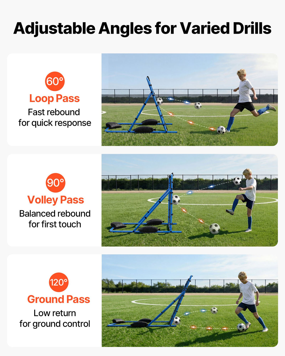VEVOR Soccer Rebounder Net, Quick-Switch Angle Soccer Goal Rebounder for Control, Passing Practice, Heavy-Duty Iron Frame & PE Net, Easy Setup Ball Training Equipment for Teens&Adults,1080 x 1090 mm