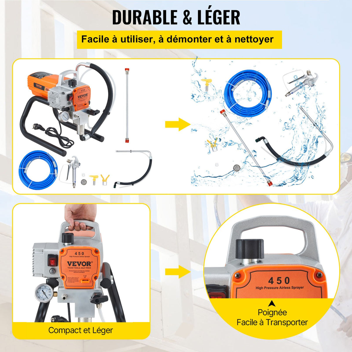 VEVOR Pro Airless Wall Paint Sprayer, 1800W Electric Sprayer Gun Kit, Adjustable Spray Pressure with Pipe for Wall & Ceiling/Wood & Metal Paint