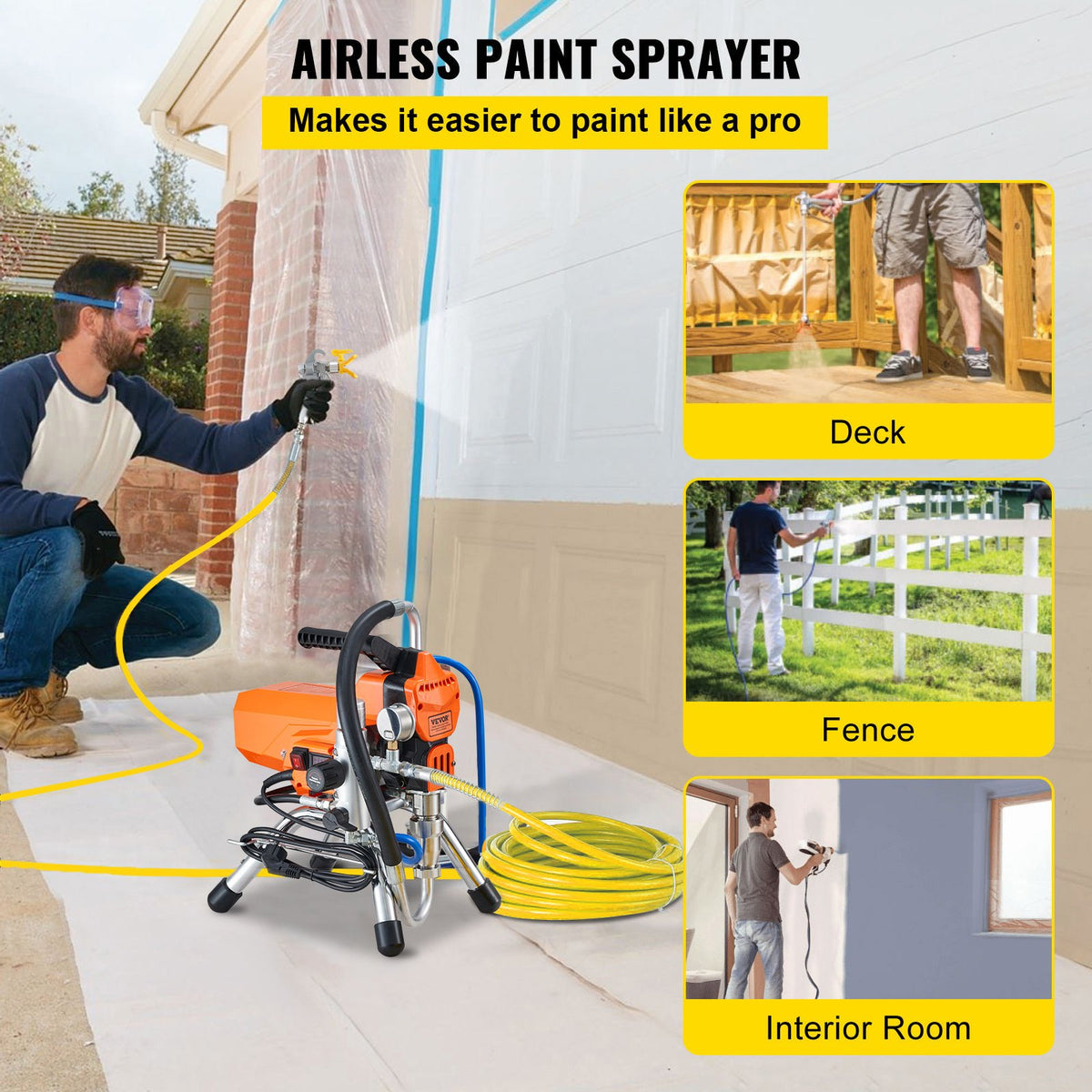VEVOR Airless Paint Sprayer with High Pressure Hose, 2200W Wall Paint Gun, 3000PSI 2L/min Brushless Motor Included, for Interior and Exterior Painting, Fence Accessories