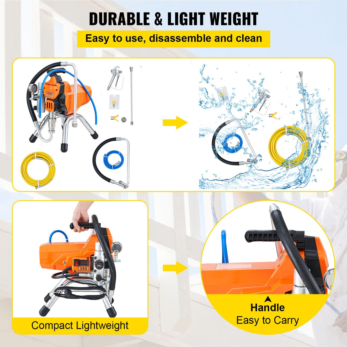 VEVOR Airless Paint Sprayer with High Pressure Hose, 2200W Wall Paint Gun, 3000PSI 2L/min Brushless Motor Included, for Interior and Exterior Painting, Fence Accessories