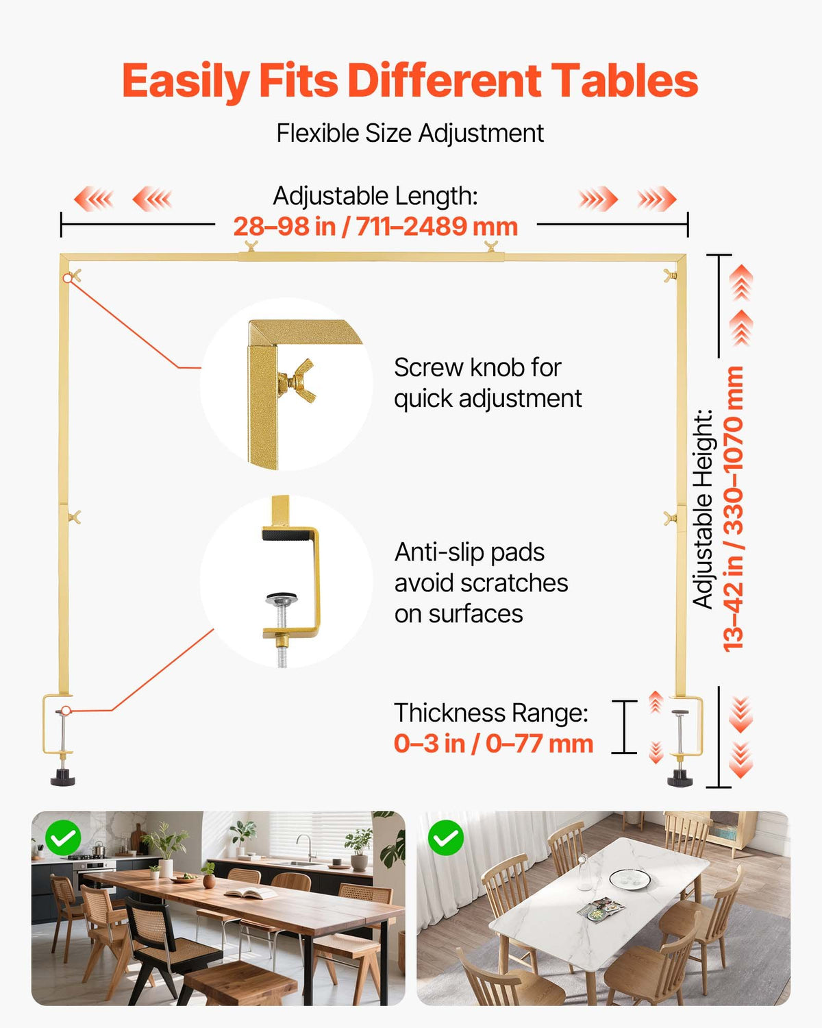 VEVOR Over the Table Rod Stand with Clamps, Adjustable 71-249 cm Length & 33-106 cm Height, Table Arch Stand with Floral Accessories, Gold Balloon Frame for Wedding Birthday Party Christmas Decoration