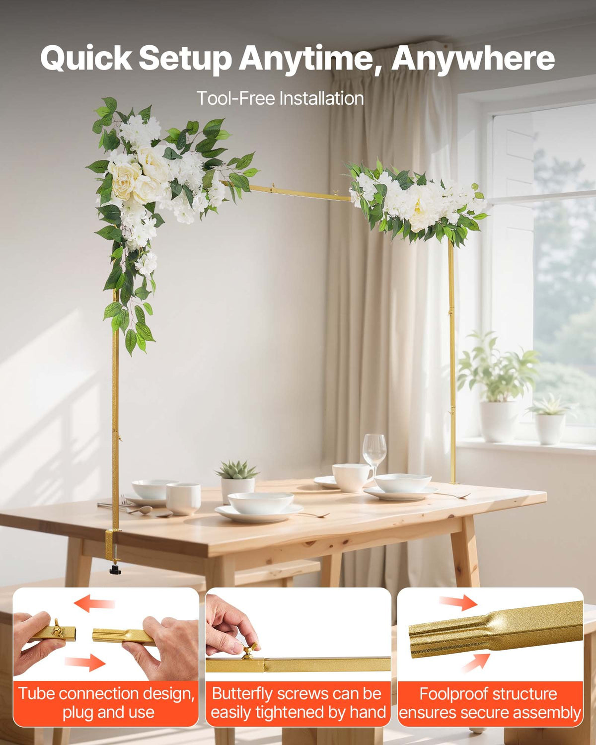 VEVOR Over the Table Rod Stand with Clamps, Adjustable 71-249 cm Length & 33-106 cm Height, Table Arch Stand with Floral Accessories, Gold Balloon Frame for Wedding Birthday Party Christmas Decoration