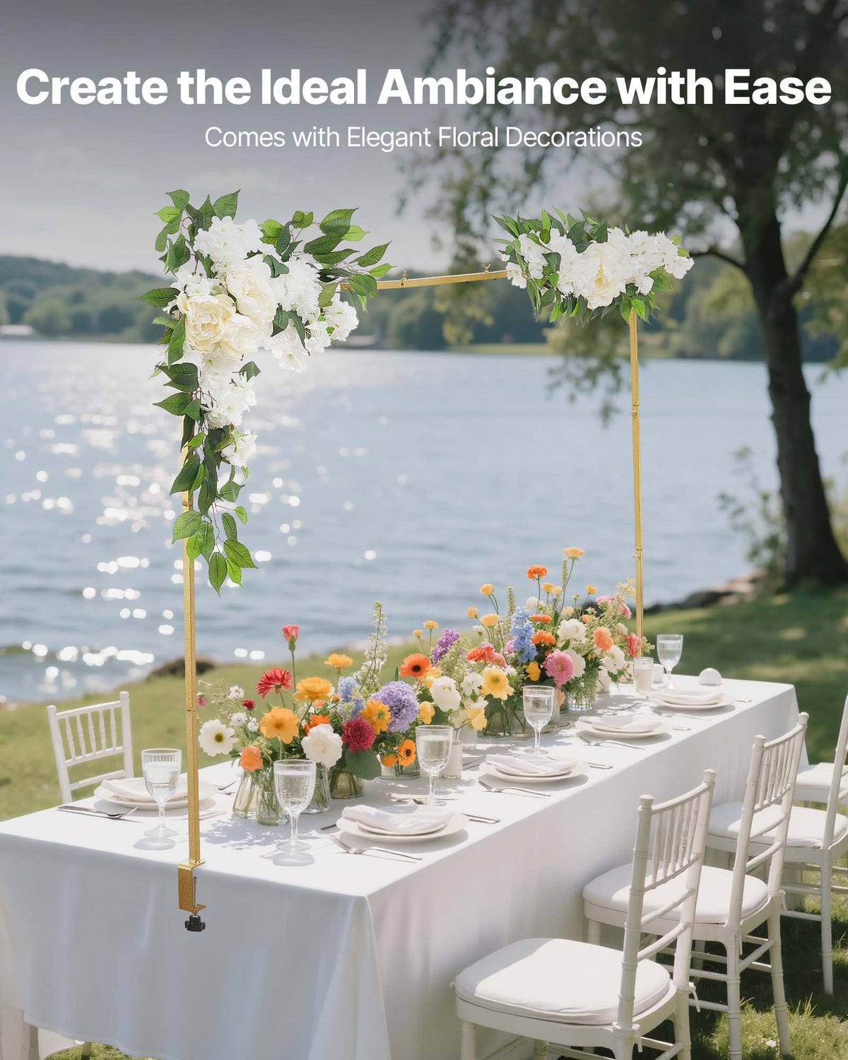 VEVOR Over the Table Rod Stand with Clamps, Adjustable 71-249 cm Length & 33-106 cm Height, Table Arch Stand with Floral Accessories, Gold Balloon Frame for Wedding Birthday Party Christmas Decoration