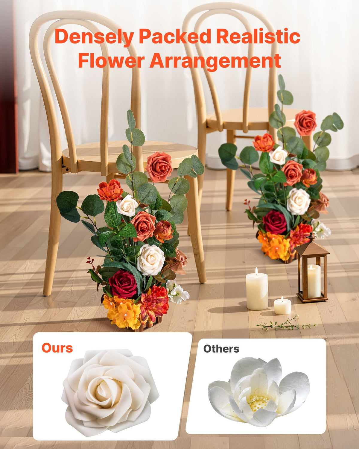 VEVOR Standing Artificial Flowers Arrangements 4 PCS, 450 mm Tall Faux Flower Decorations for Wedding Aisle Runner Chair, Orange Floral Centerpieces for Ceremony Reception Party Outdoor Decor
