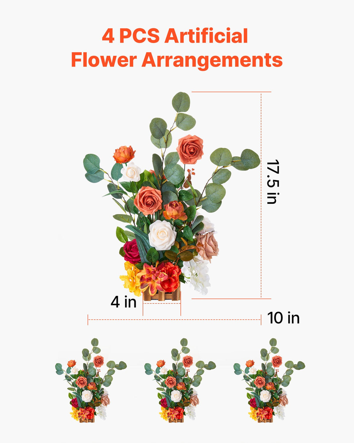 VEVOR Standing Artificial Flowers Arrangements 4 PCS, 450 mm Tall Faux Flower Decorations for Wedding Aisle Runner Chair, Orange Floral Centerpieces for Ceremony Reception Party Outdoor Decor