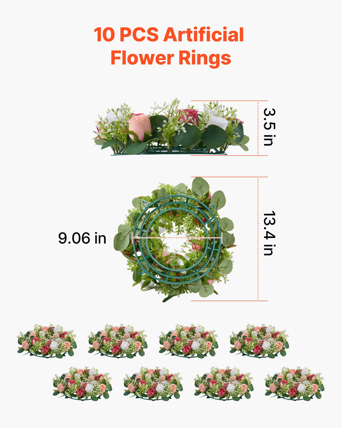 VEVOR Artificial Rose Wreath, 340 mm Diameter Faux Flower Wreath with Pink and White Roses, Flower Arrangement Centerpiece for Valentine's, Mother's Day, Party, Wedding and Home Table Décor, 10 PCS