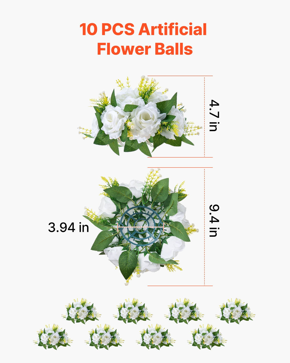 VEVOR Flower Balls Arrangement Bouquet 10 PCS, 240 mm Diameter Artificial Flower Balls Wedding Rose Centerpieces, Faux Flowers Arrangements for Wedding Centerpiece Home Table Decorations, White