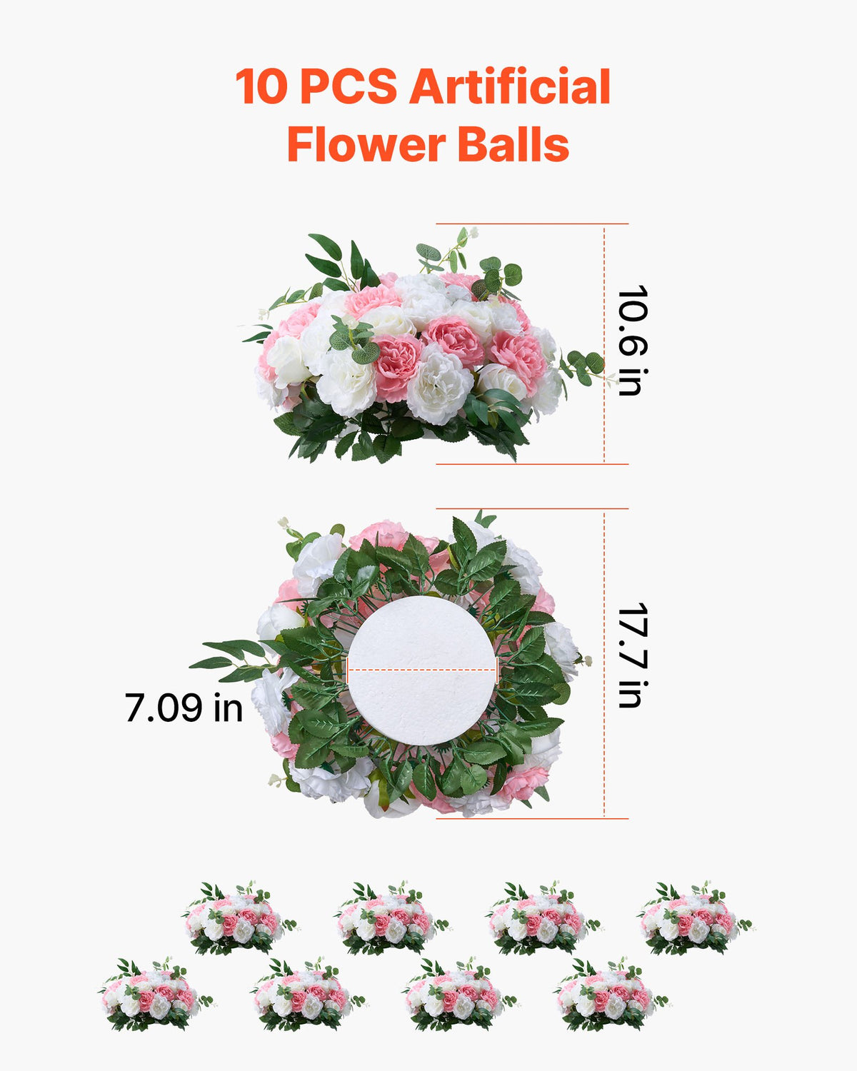 VEVOR Flower Ball Arrangement Bouquet 10 PCS, 450 mm Diameter Artificial Flower Balls Wedding Table Centerpieces, Rose Arrangements for Wedding Centerpiece Home Decorations, Pink and White Roses