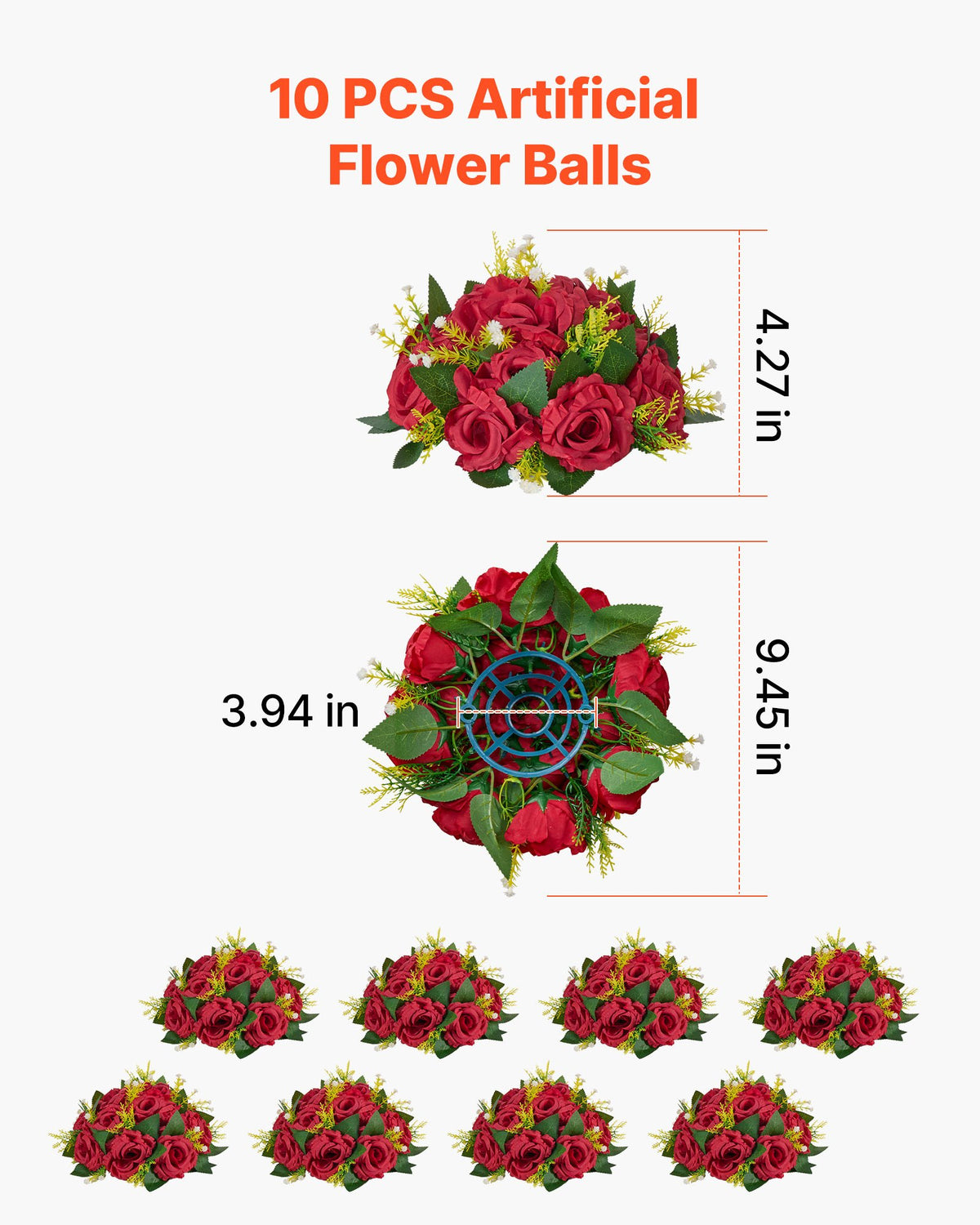 VEVOR Flower Balls Arrangement Bouquet 10 PCS, 240 mm Wedding Red Roses Centerpieces, Fake Flowers Kissing Balls Decor Artificial Floral Arrangements Flower Bouquet for Home Party Table Decorations