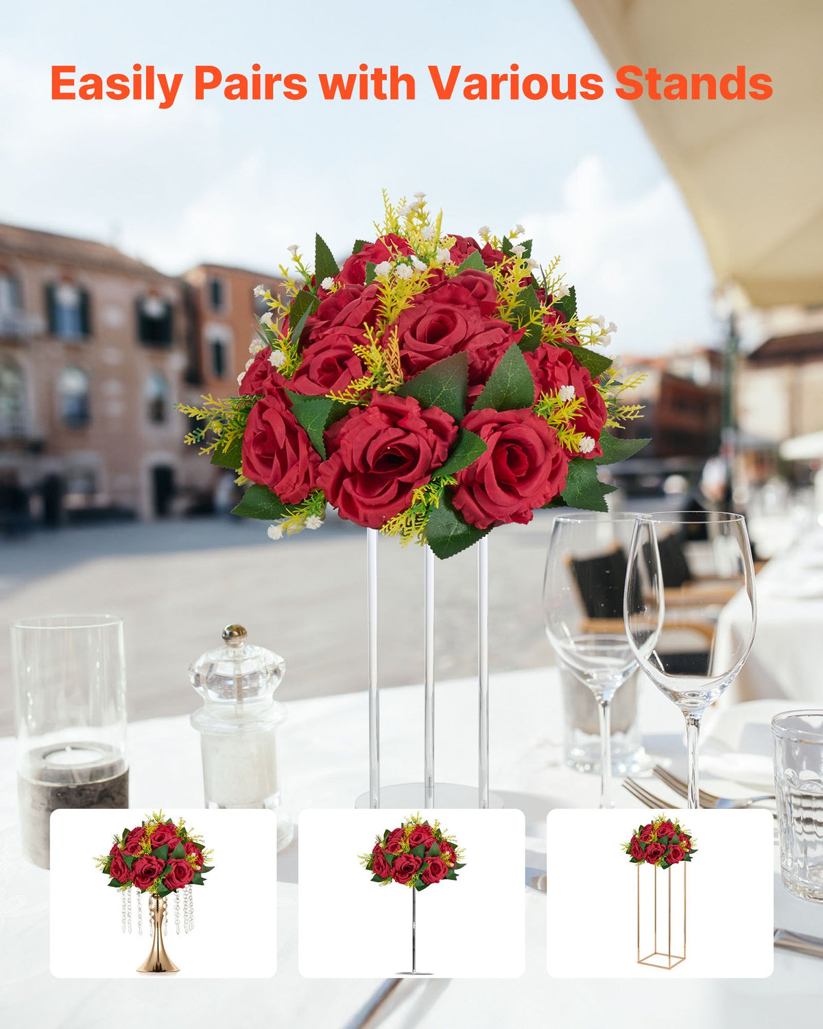 VEVOR Flower Balls Arrangement Bouquet 10 PCS, 240 mm Wedding Red Roses Centerpieces, Fake Flowers Kissing Balls Decor Artificial Floral Arrangements Flower Bouquet for Home Party Table Decorations