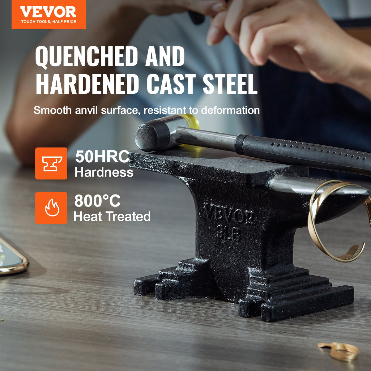 VEVOR Single Horn Anvil, 4 kg Cast Steel Anvil, High Hardness Rugged Round Horn Anvil Blacksmith, Compact Design and Stable Base, Forge Tools and Equipment, Metalsmith Tool for Bending and Shaping