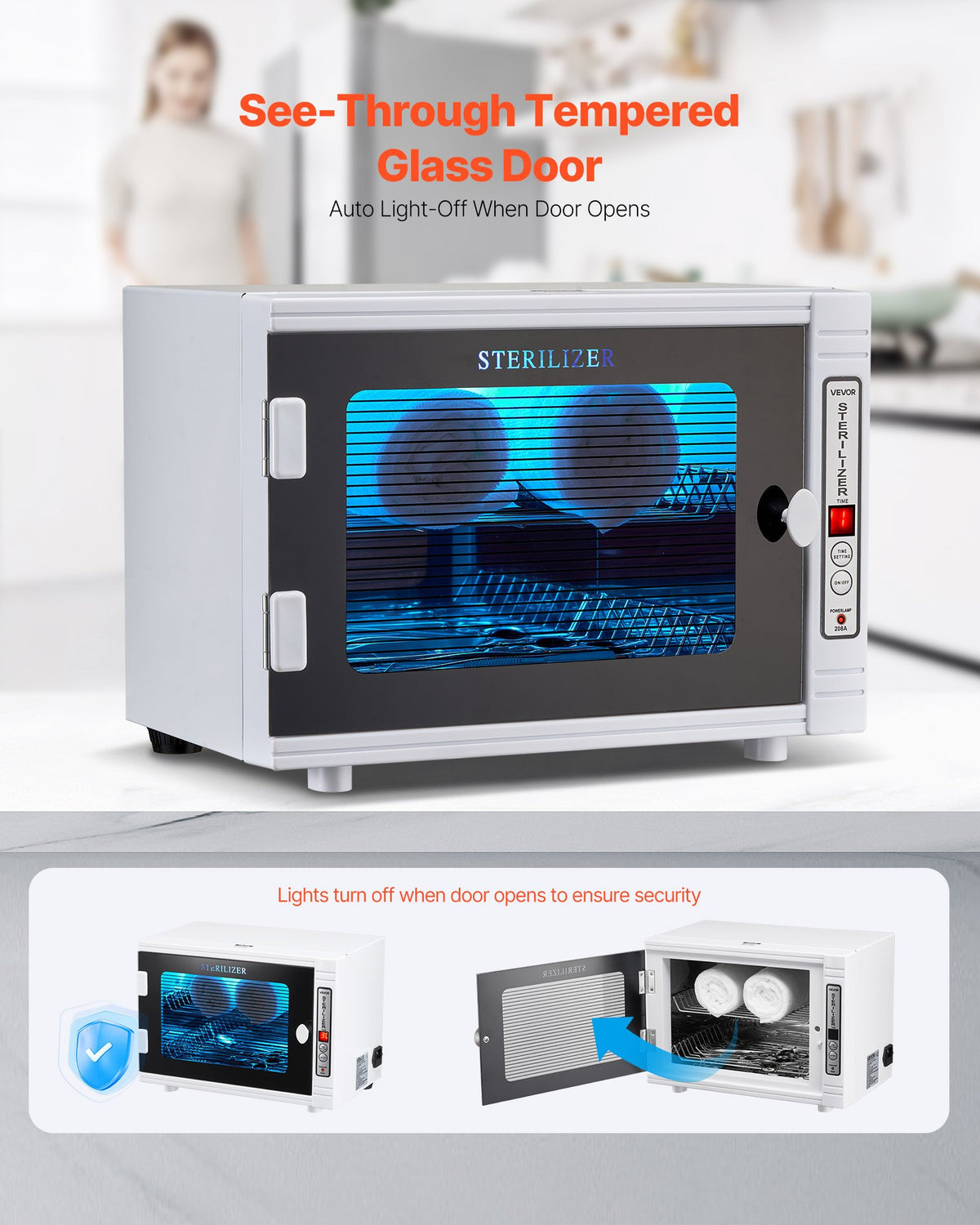 VEVOR Nail Tool Cleaning Machine, 12L Large Capacity, Tool Cabinet Cleaner Box with Timer Setting, Tempered Glass Door, 185nm Wavelength, for Labs, Home, Nail Salons, Hair Studios, Beauty Salons