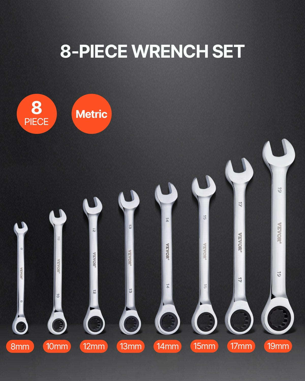 VEVOR Combination Wrench Set, 8-Piece Ratcheting Wrench Set with Organizer Rack, Cr-V Steel Wrench Set Metric 8 mm to 19 mm, Ideal for General Household, Garage, Workshop, Auto Repairs, Emergency