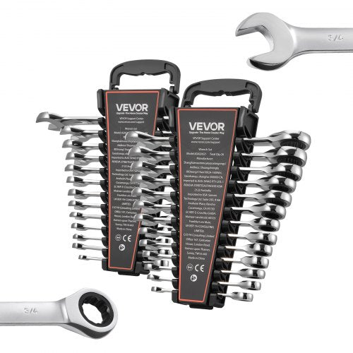 VEVOR Combination Wrench Set, 26-Piece SAE and Metric, 72 Teeth, Cr-V Steel Ratcheting Wrench Set, with Rack Organizer, Open End, Clear Size Labels, for General Household, Automotive Repairs, Silver