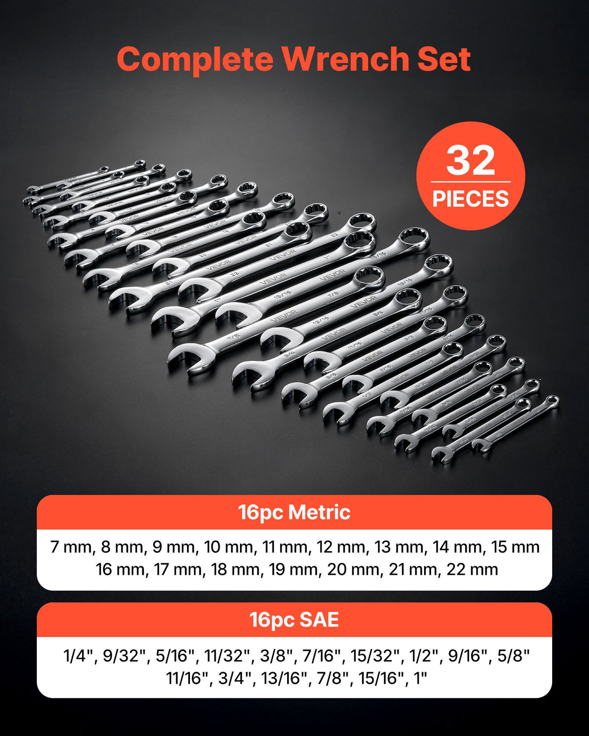 VEVOR Combination Wrench Set, 32-Piece SAE and Metric, 12-Point Box End and 15° Angled Open End Combination Wrenches with Roll Up Pouch, Carbon Steel, for General Household and Automotive Repairs