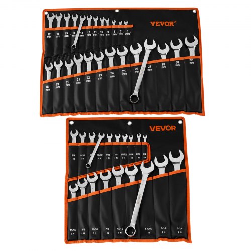 VEVOR Combination Wrench Set, 44-Piece SAE and Metric, 12-Point Box End and 15° Angled Open End Combination Wrenches with Roll Up Pouch, Carbon Steel, for General Household and Automotive Repairs