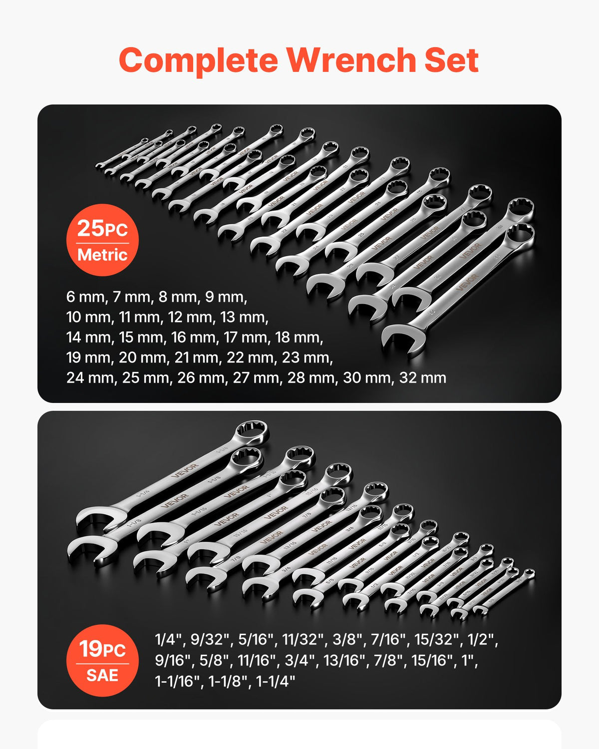 VEVOR Combination Wrench Set, 44-Piece SAE and Metric, 12-Point Box End and 15° Angled Open End Combination Wrenches with Roll Up Pouch, Carbon Steel, for General Household and Automotive Repairs