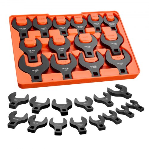 VEVOR Crowfoot Wrench Set, 1/2" Drive, 14-Piece SAE 1-1/16" to 2" Crows Foot Wrenches, 40Cr Alloy Steel, with Storage Tray, Dual Size Markings on Tools and Tray, for Auto Maintenance or Repairs