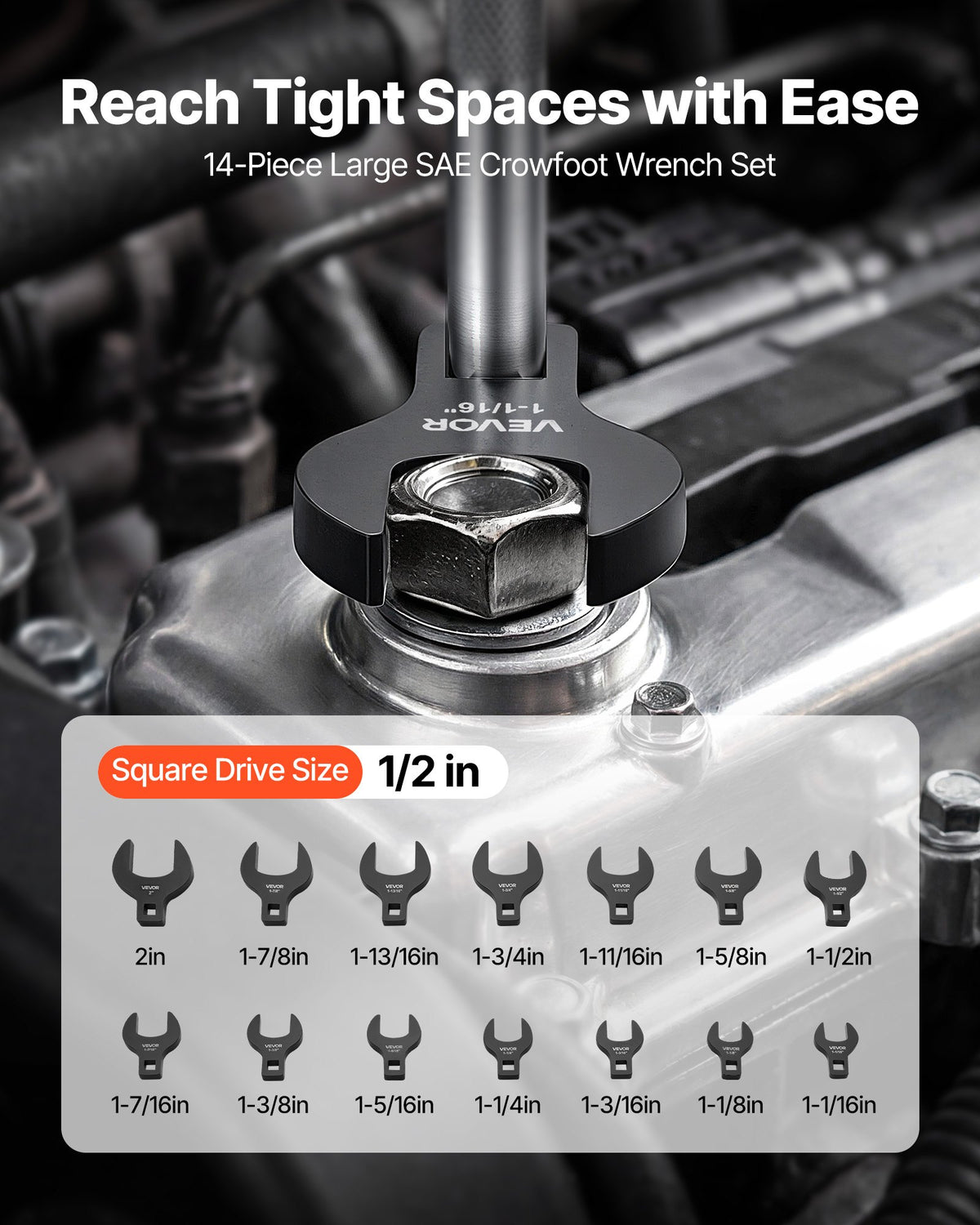 VEVOR Crowfoot Wrench Set, 1/2" Drive, 14-Piece SAE 1-1/16" to 2" Crows Foot Wrenches, 40Cr Alloy Steel, with Storage Tray, Dual Size Markings on Tools and Tray, for Auto Maintenance or Repairs