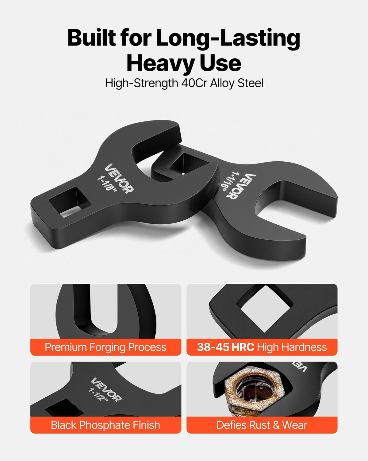 VEVOR Crowfoot Wrench Set, 1/2" Drive, 14-Piece SAE 1-1/16" to 2" Crows Foot Wrenches, 40Cr Alloy Steel, with Storage Tray, Dual Size Markings on Tools and Tray, for Auto Maintenance or Repairs