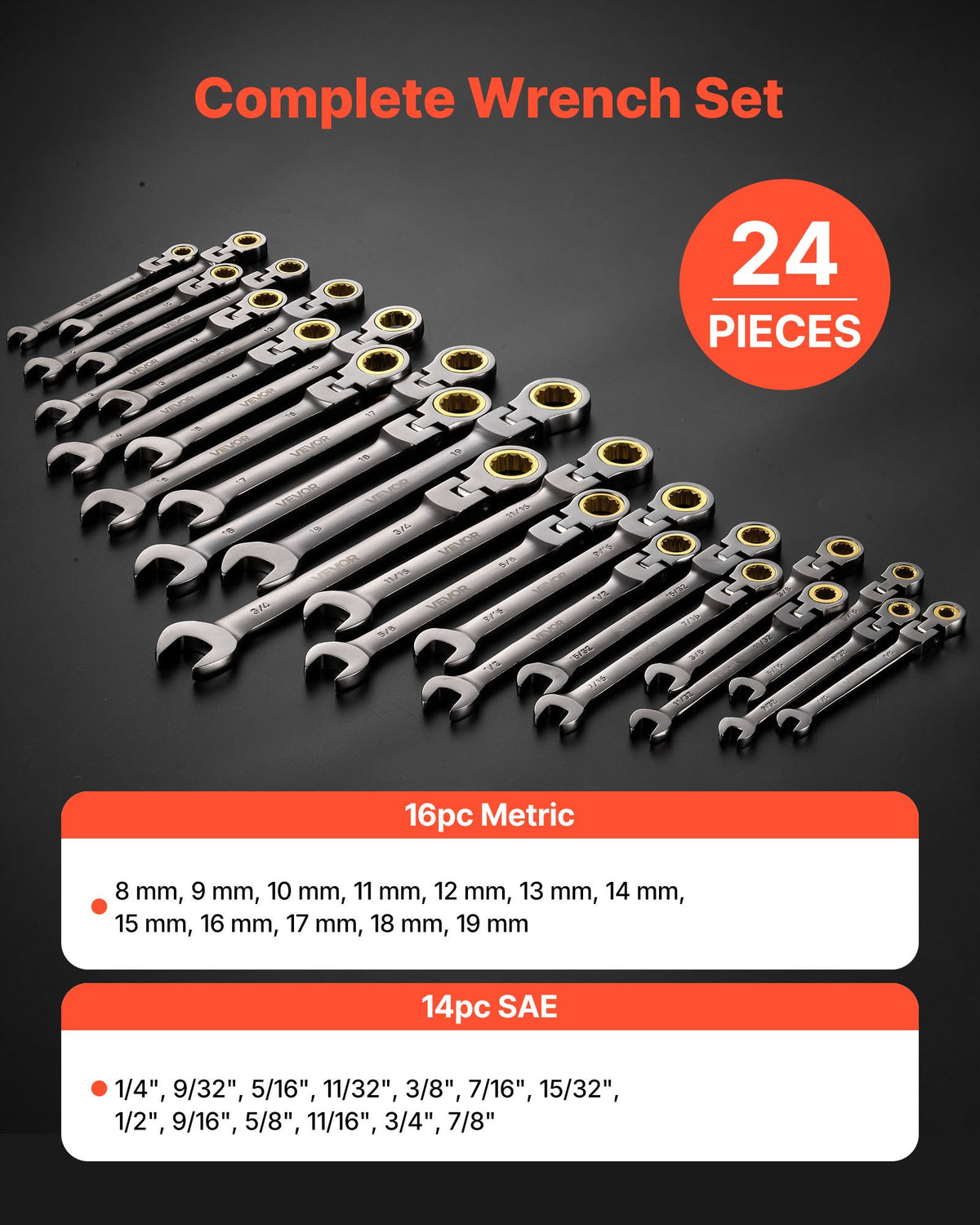 VEVOR Flex-Head Ratcheting Wrench Set, 24-Piece SAE and Metric, 72 Teeth, Cr-V Steel Ratchet Flexible Combination Wrench Set with Storage Case, for General Household, Automotive Repairs, Gray Nickel