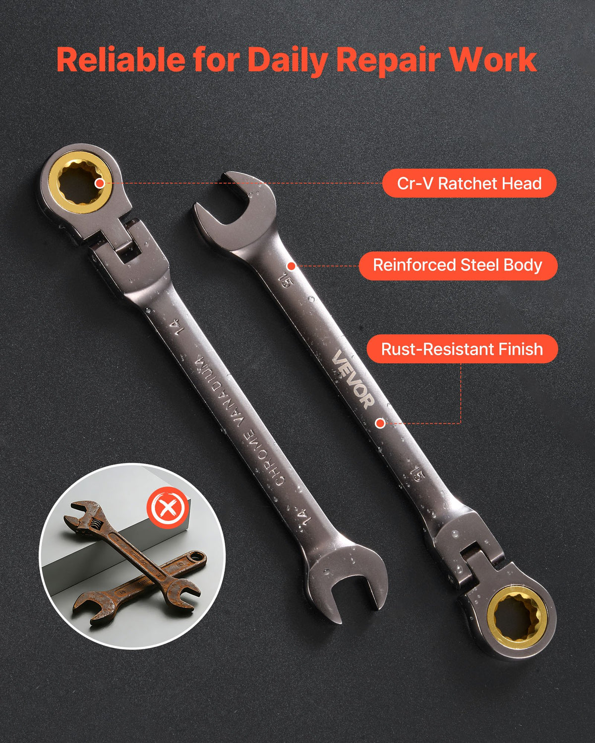 VEVOR Flex-Head Ratcheting Wrench Set, 24-Piece SAE and Metric, 72 Teeth, Cr-V Steel Ratchet Flexible Combination Wrench Set with Storage Case, for General Household, Automotive Repairs, Gray Nickel
