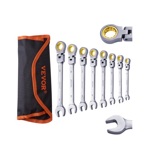 VEVOR Flex-Head Ratcheting Wrench Set, 8-piece Combination Wrench Set with Roll-up Pouch, Cr-V Steel Flexible Ratcheting Wrench Set Metric 8 mm to 17 mm, Ideal for General Household, Auto Repairs