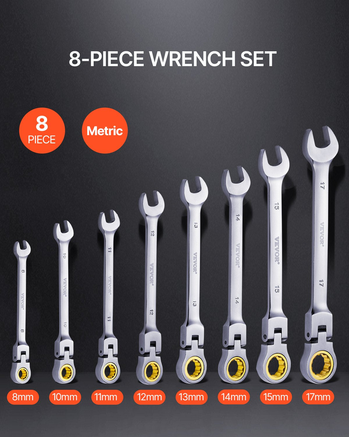 VEVOR Flex-Head Ratcheting Wrench Set, 8-piece Combination Wrench Set with Roll-up Pouch, Cr-V Steel Flexible Ratcheting Wrench Set Metric 8 mm to 17 mm, Ideal for General Household, Auto Repairs