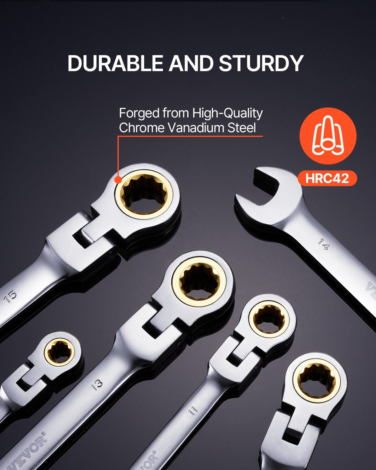 VEVOR Flex-Head Ratcheting Wrench Set, 8-piece Combination Wrench Set with Roll-up Pouch, Cr-V Steel Flexible Ratcheting Wrench Set Metric 8 mm to 17 mm, Ideal for General Household, Auto Repairs