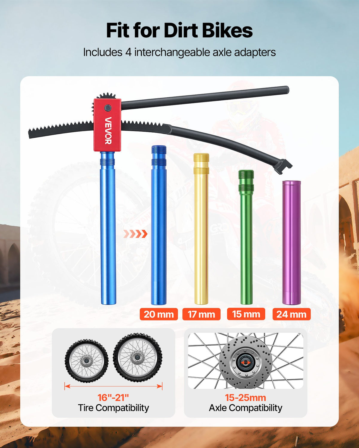 VEVOR Dirt Bike Tire Changing Tool Kit, Fits for Motocross Enduro 406-533 mm Wheels, Includes 15-25 mm Axle Adapters, Dirt Bike Tire Changing Tools Compact Changer with 2 Irons and Protective Sleeve