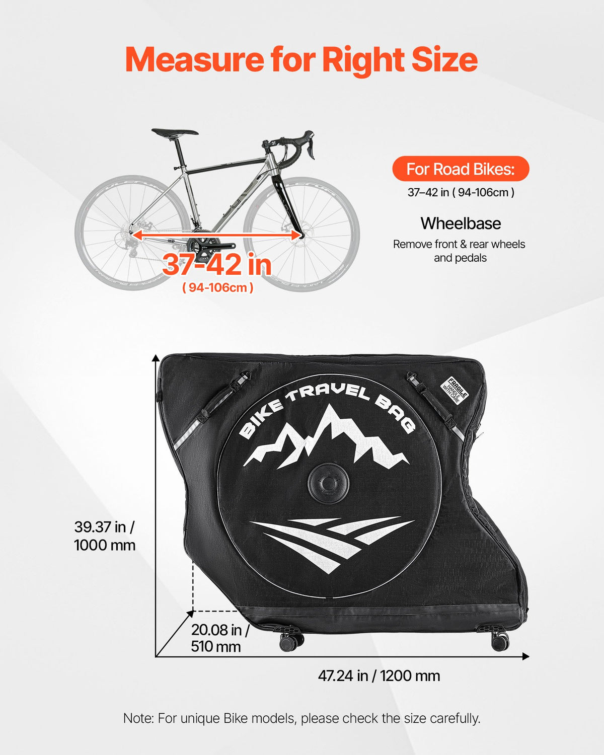 VEVOR Bike Travel Bag, Road Bike Bag Road Bicycle Storage Carry with TSA Lock & Dual Zipper, Black Bicycle Case Wheelbase 94-106 cm for Air Travel, Outdoor Use, Airplane, Car, Train, Subway Transport