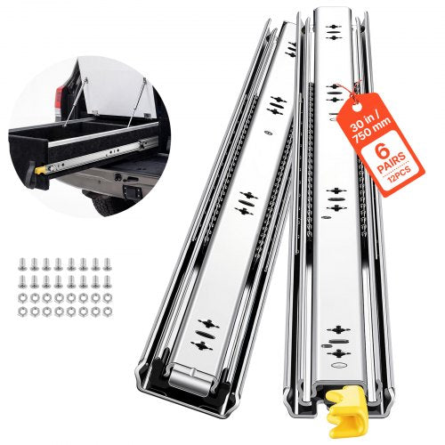 VEVOR Heavy Duty Drawer Slides, 75 cm 113.4 kg with Lock Side Mount Rails, for Cabinets, Kitchen, Workbench, RV, 3-Fold Full Extension Ball Bearing Rails, Carbon Steel, with Screws & Nuts, 6 Pairs