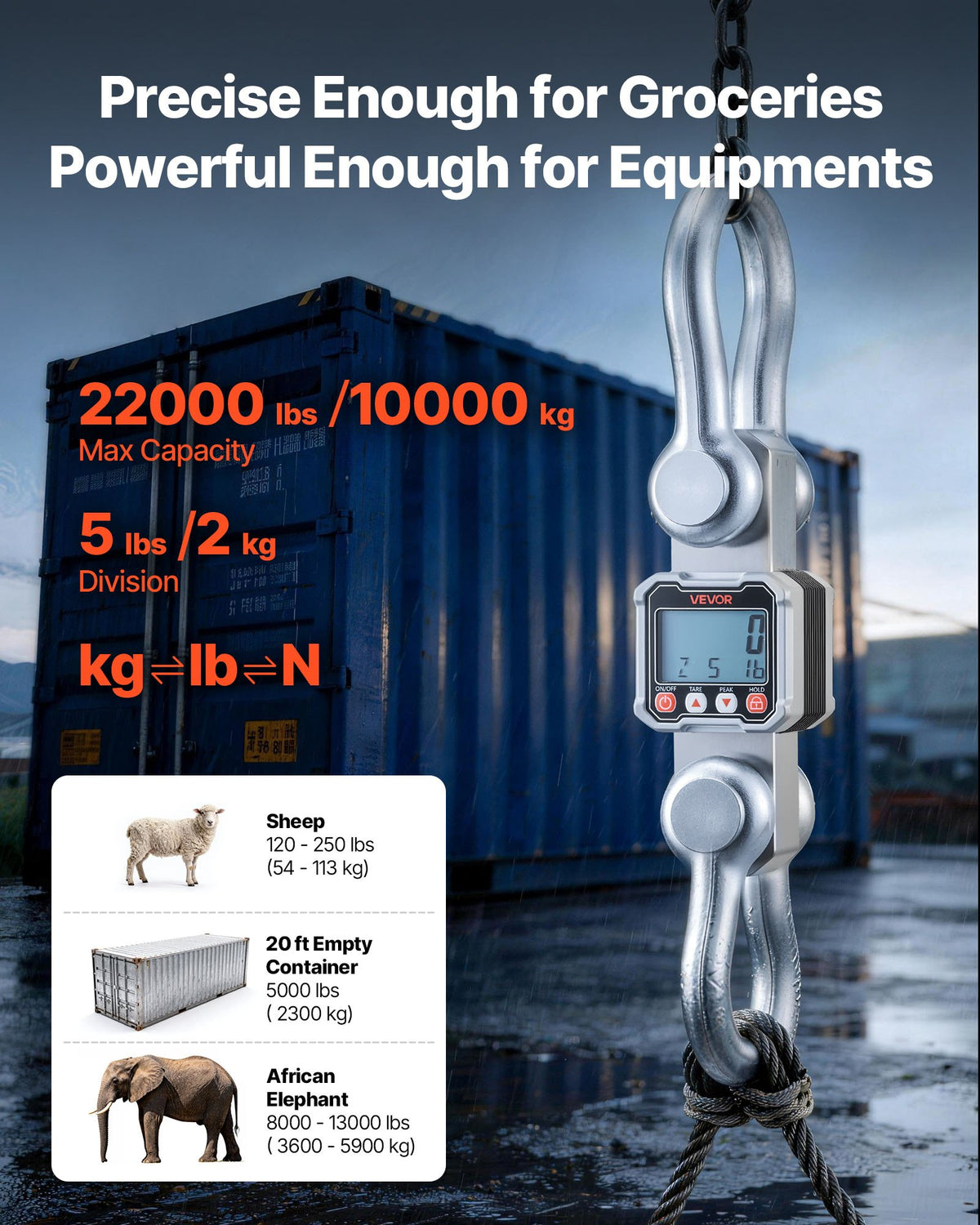 VEVOR Digital Crane Scale, 22000 lbs/10 T Max Capacity, Heavy Duty Industrial Hanging Scale with Cast Aluminum Case & LCD Display, 2 kg Division & 3 Unit Switch, Remote Control for Garage Factory